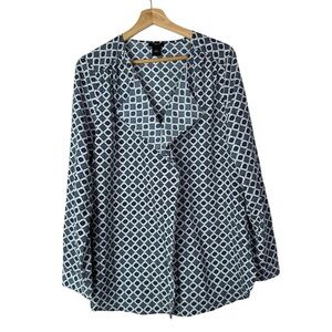 Ann Taylor White & Blue Printed Popover Long Sleeve Blouse M